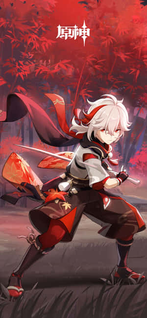 白髮動漫戰士身穿紅色裝備，在紅色竹林中持劍。 — Galaxy A07s 壁紙