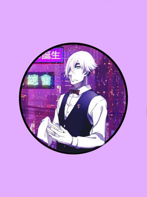 動漫男子穿著背心和領結，以霓虹城市為背景，圓形框架。 — 死亡遊行 壁紙