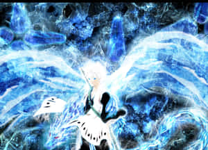 動漫角色帶著發光翅膀和龍，在冰魔法風暴中。 — 渡我被身子 壁紙