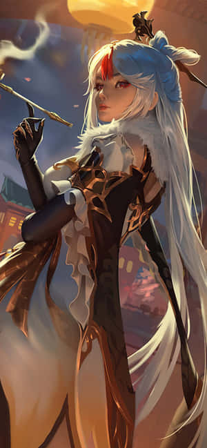 白髮帶紅色挑染的動漫女孩在發光的燈籠下拿著法杖。 — 1179x2556 壁紙