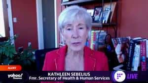 前衛生部長Kathleen Sebelius在家中辦公室接受直播新聞訪問時發言。 — 美國 壁紙