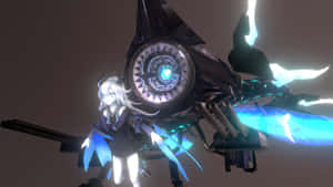 戴眼鏡的動漫女孩站在發光藍色未來機甲旁邊 — 碧藍航線 壁紙