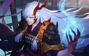 白髮和火焰角的動畫惡魔武士引導藍色魔法能量。 — 日本動漫 壁紙