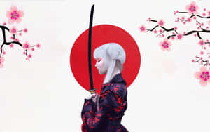 動漫女武士身穿和服，在櫻花下持刀，背景為紅色太陽。 — 日式暗黑 壁紙