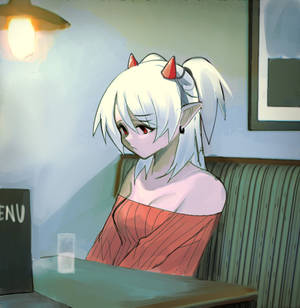 白髮紅角的動漫女孩在黃昏時獨自坐在咖啡店卡座。 — Pixel 9 Pro Fold 壁紙