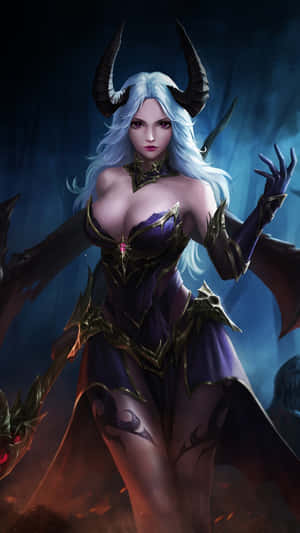 一位白髮有角的惡魔女郎，身穿黑暗奇幻盔甲。 — 女巫 壁紙