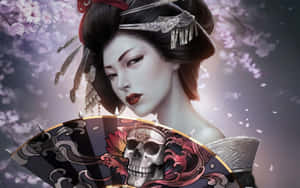 藝妓在櫻花下手持帶有骷髏圖案的華麗扇子。 — 動漫 壁紙