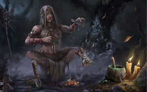 盲眼女巫在黑暗森林中進行魔法儀式，有發光的靈魂和蠟燭。 — 骷髏迷因 壁紙