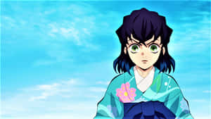 動漫女孩穿著花卉和服，綠色眼睛，藍天背景 — 伊之助 壁紙