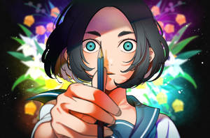 藍眼睛的動漫女孩在發光的花卉太空背景前拿著鉛筆