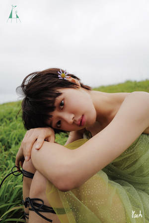 年輕女子身穿綠色連衣裙，頭髮上插著雛菊，在草地上休息 — 動畫女孩 壁紙