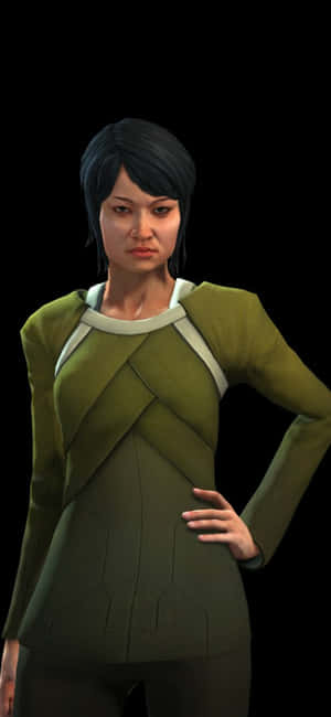 一位穿著綠色未來風格服裝的女性，一手叉腰站立。 — 電玩遊戲 GIF 壁紙