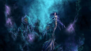 神秘美人魚，在黑暗的水下遺跡中擁有發光的頭髮。 — 芭比美人魚 壁紙