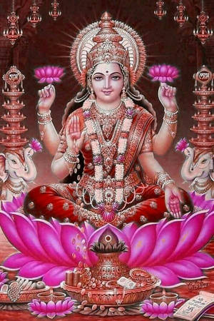 印度教女神坐在粉紅色蓮花上，有大象和供品 — Maa Durga 壁紙