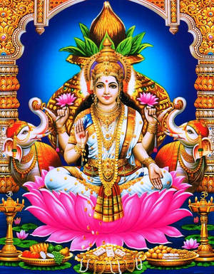 印度教女神坐在粉紅色蓮花上，伴隨著大象和供品 — Maa Durga 壁紙