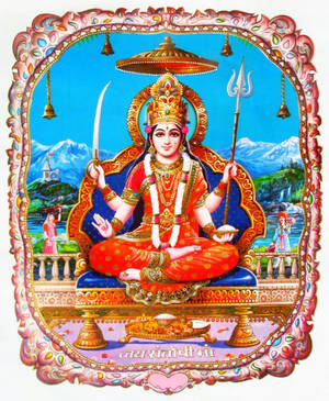 印度教女神坐在華麗的寶座上，背景有山脈和河流 — Maa Durga 壁紙