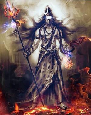 神聖戰神手持火焰三叉戟，被火焰和煙霧包圍。 — Maa Durga 壁紙