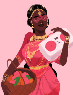 穿著粉紅色紗麗、佩戴金色首飾的女性，手持音箱和水果籃。 — Maa Durga 壁紙