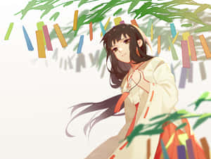穿著和服的動漫女孩，在紙條和綠葉下 — 桐人 壁紙