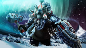 霜巨人戰士在雪地極光景觀中手持冰錘 — 電玩遊戲 GIF 壁紙