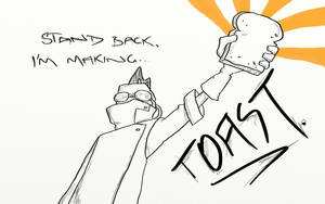 卡通科學家拿著吐司，帶有「STAND BACK I'M MAKING TOAST」文字和陽光。 — 搞笑迷因 壁紙