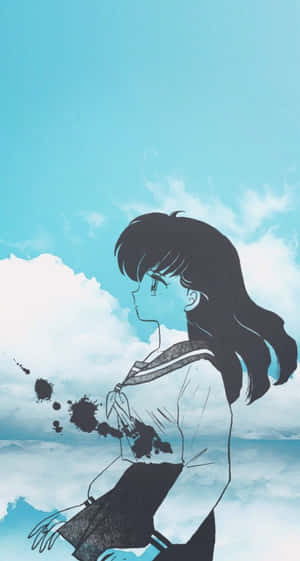 穿著校服的動漫女孩站在天空中，墨水飛濺 — 日神神楽 壁紙