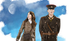 一位女人和一位士兵站在有雲的月光天空下。 — 愛的迫降 壁紙