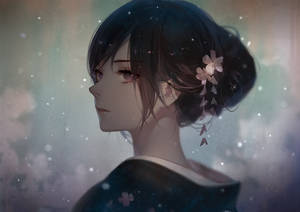 動漫女孩穿著和服，頭髮上插著櫻花，背景是柔和的粉彩。 — 可愛動漫女孩 壁紙