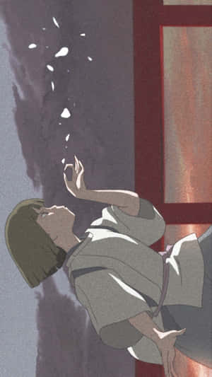 穿著灰色長袍的動漫女孩向上伸手，發光的碎片從她手中飄出。 — 動漫風格 壁紙