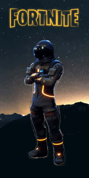 穿著發光套裝的 Fortnite 太空人夜間站在山上，伴隨著星星 — 電玩遊戲 GIF 壁紙