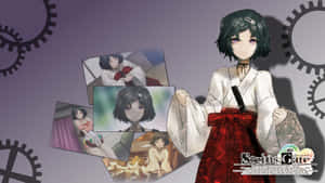動漫女孩穿著和服，在紫色背景上漂浮著照片和齒輪符號。 — 三島一八 壁紙