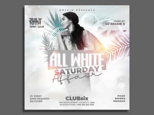 Clubsix 的 All White Saturday 活動傳單， featuring 一位穿白色衣服的女性、熱帶葉子和發光效果。 — 派對 壁紙