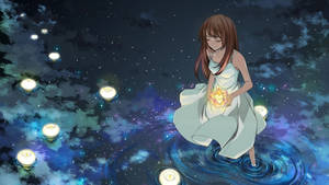 動漫女孩漂浮在水面上，手持發光蓮花，周圍有蠟燭，背景是星空。 — 消滅 壁紙