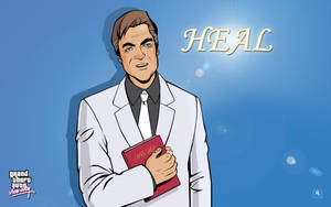 卡通醫生在藍色背景前拿著一本寫有「HEAL」的紅色書本。 — 俠盜獵車手 壁紙