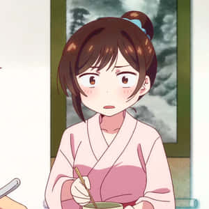 穿著粉紅色和服的動漫女孩，手持筷子放在碗上，表情驚訝。 — Q版動漫 壁紙