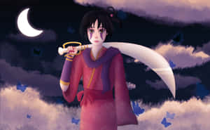 動漫女孩穿粉紅和服在彎月下拿鐮刀有蝴蝶 — 混沌武士 壁紙