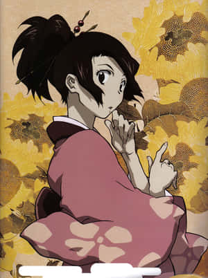 穿著粉紅色和服的動漫女孩被向日葵包圍 — 動漫桌面 壁紙