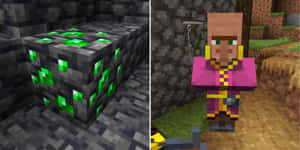 洞穴中發光鑽石礦石方塊旁的粉紅長袍Minecraft角色。 — 我的世界 壁紙