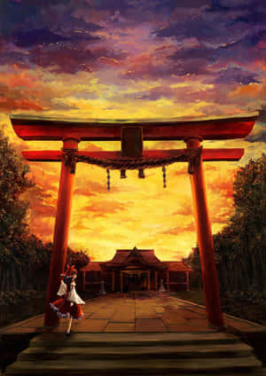 穿著紅白連衣裙的動漫女孩站在夕陽下的紅色鳥居前。 — 日式自然壁紙