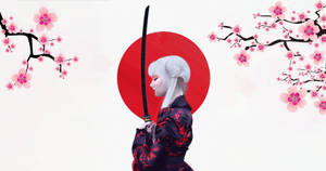動漫女武士穿著花卉和服，在櫻花和紅太陽下持劍。 — 櫻花 壁紙