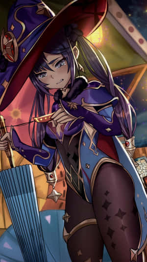 穿著紫色帽子和服裝的動漫女巫，面帶開朗表情拿著掃帚。 — 原神 壁紙