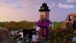 Minecraft女巫與黑貓站在水中日落 — 女巫 壁紙