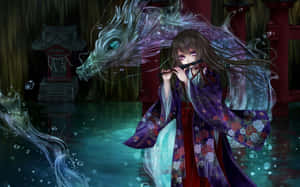 穿著花卉和服的動漫女孩在神社水域中發光的龍旁邊吹奏長笛。