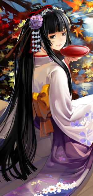 穿和服的動漫女孩在秋葉下拿著紅色杯子 — 日本動漫 壁紙