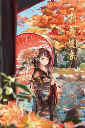 動漫女孩穿著和服，在秋樹下拿著紅色雨傘，背景有中文字符。 — 可愛動漫女孩 壁紙