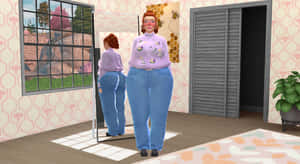 穿著花卉毛衣和牛仔褲的女性，站在陽光充足的房間裡，有圖案牆壁的鏡子前。 — 電玩遊戲 GIF 壁紙