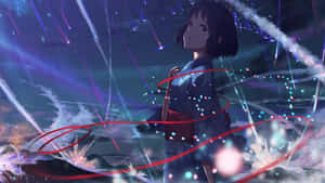 穿著藍色和服的動漫女孩被發光的宇宙粒子和光跡包圍。 — 櫻島麻衣 壁紙