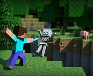Minecraft玩家在草地塊狀世界中用劍與骷髏戰鬥。 — 我的世界苦力怕 壁紙