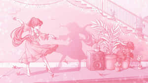 動漫女孩在室內與植物和燈串共舞，散發出柔和的粉紅色光芒。 — 美學粉色GIF 壁紙