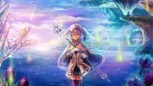 粉紅色頭髮的動漫女孩在魔法暮色森林中手持發光法杖。 — X Games 壁紙